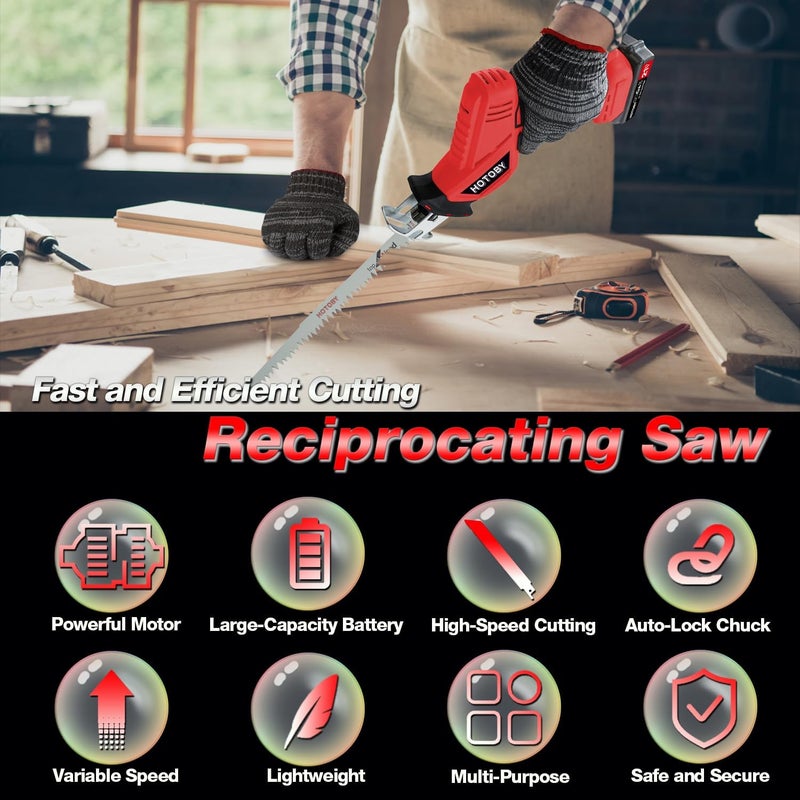 hotoby Reciprocating Saw, Cordless, Electric Reciprocating Saw with 2 Batteries, Includeds 8 Blades Kit, Tool-free Blade Change, Variable Speed, Multi-Purpose, For DIY Wood Metal PVC Cutting (Red) - Image 3